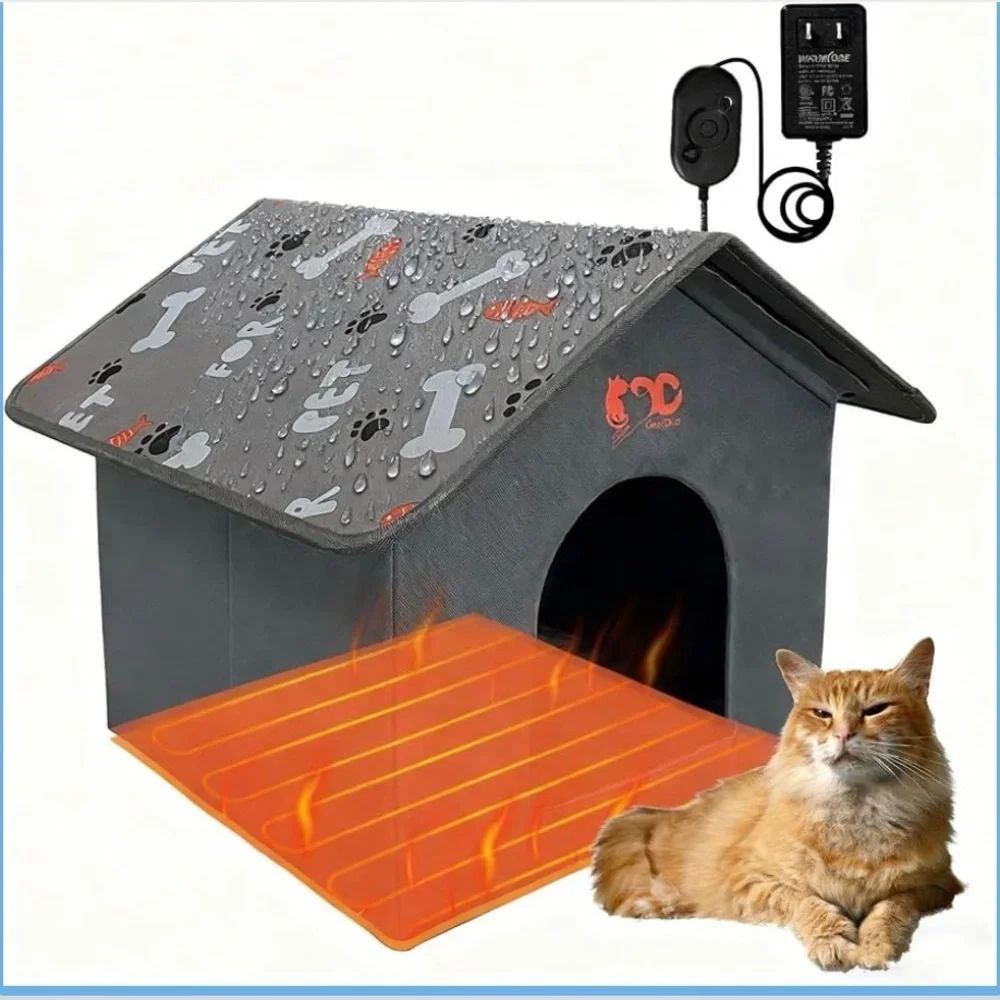 GeerDuo Heated Cat House Electric Gray Orange 16in x 16in Warm Portable Travel